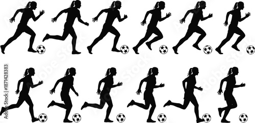 Collection of black vector silhouettes featuring female soccer players running with ball, isolated on white background for sport design.
