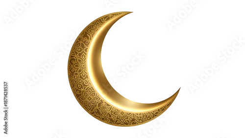 Golden crescent moon with intricate pattern isolated on transparent background