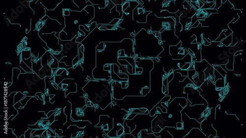 Abstract Digital Circuit Board Pattern with Neon Glow Effect.