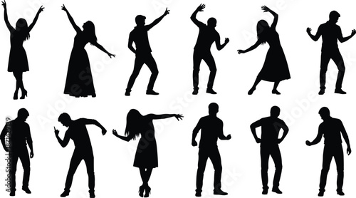 Set of vector silhouettes featuring happy men and women dancing at party, disco club celebration, and energetic music festival fun.