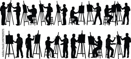 Vector silhouette collection of male artists painting on canvas with easel, creative painter holding brush and palette, art studio workshop.