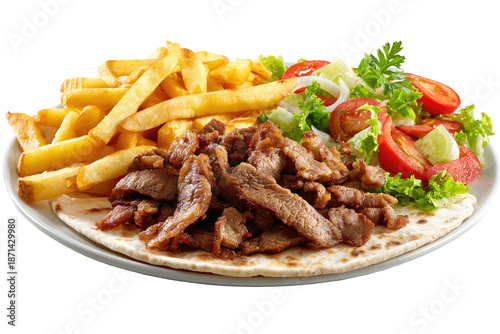 Plate of seasoned lamb gyros with french fries and salad