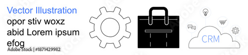 Workflow optimization, corporate planning, business technology, innovation, cloud-based solutions, collaboration. Gear mechanism, business briefcase CRM cloud. Workflow optimization and corporate
