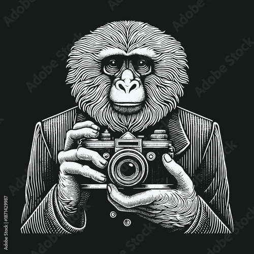 A sophisticated monkey photographer capturing moments with his vintage camera.
