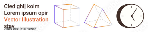 Education, geometry, design, time management, learning materials, minimal aesthetics. Gradient-outlined cube and pyramid, simple clock. Geometry and education concepts creatively
