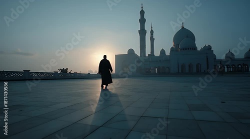 Silhouette of a person walking towards a mosque at sunrise.
