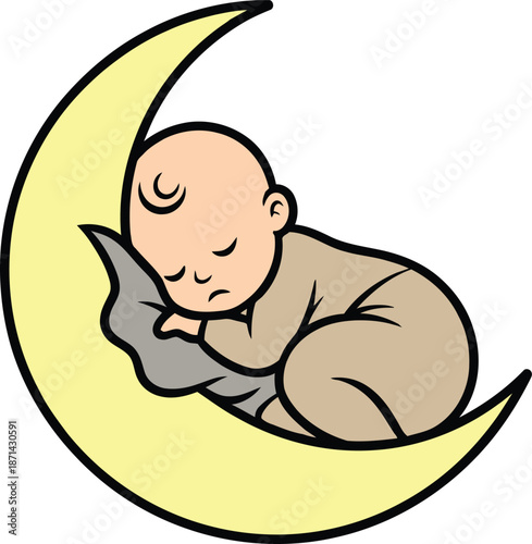 Peaceful sleeping baby resting on crescent moon dreamy night sky Vector illustration