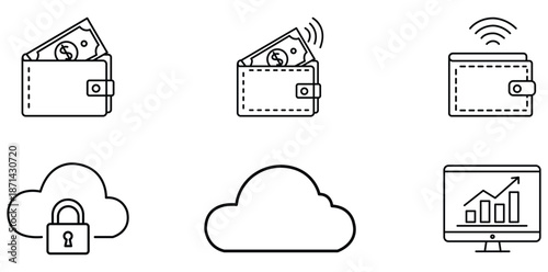 Digital Wallet & Cloud Computing: Minimalist monochrome icons depict modern financial transactions, encompassing digital wallets, cloud computing concepts, and data analytics.