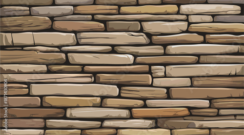 High detailed vector illustration of a rustic stacked stone wall texture with layered beige and brown stone slabs.