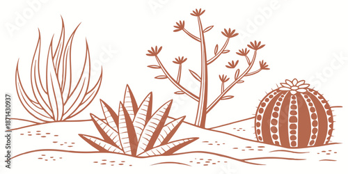 Stylized illustration featuring various desert succulents and a blooming barrel cactus rendered in a warm terracotta line art style against a white backdrop.