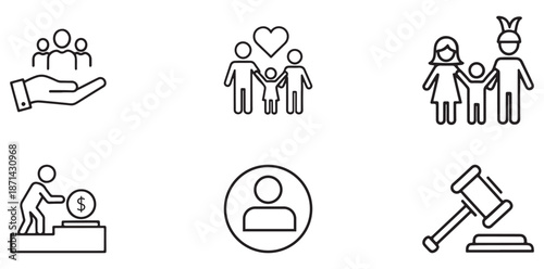 Community and Assistance Icons: Collection of simple, line-drawn icons represents diverse aspects of community care, symbolizing themes of support, connection, justice, and solidarity.