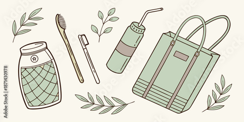 Eco-friendly personal care products including a bamboo toothbrush a reusable water bottle and a canvas tote bag promoting sustainable living concepts