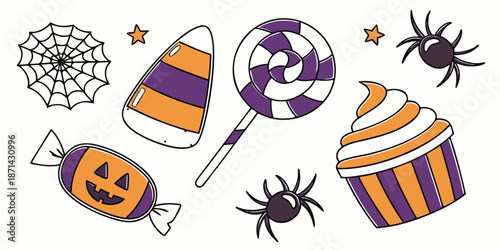 Assortment of spooky Halloween themed sweets and decorations featuring candy corn, lollipops, cupcakes, and spiders on white