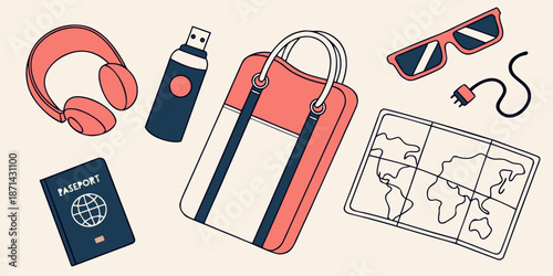 Essential travel accessories including a passport bag sunglasses headphones map and charging plug laid out for an upcoming journey