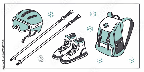 Essential winter sports equipment collection featuring a protective helmet goggles ski poles boots and a durable backpack surrounded by snowflakes