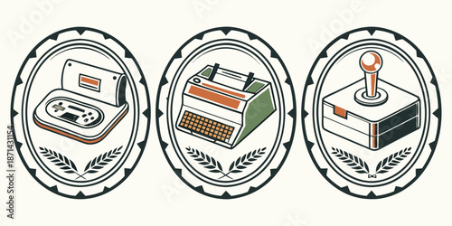 Collection of three vintage technology emblems showcasing retro handheld gaming device an old portable terminal and a classic arcade joystick controller