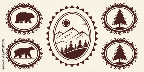 Collection of rustic vintage style outdoor adventure badges featuring bears evergreen trees and a scenic mountain landscape design elements
