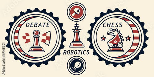 Collection of vintage style emblems representing intellectual competitions including debate chess and robotics with stylized game pieces and symbols for academic achievement