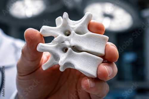 Doctor hand holding white 3D printed model of human vertebrae spine bone for orthopedic or chiropractic consultation