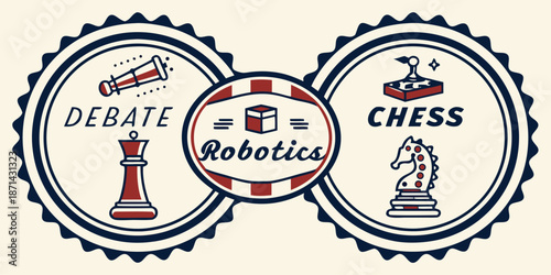 Vintage style insignia design featuring three interconnected academic and competitive clubs focusing on debate chess and robotics technology integration