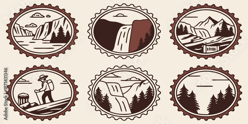 Collection of six rustic outdoor adventure badges featuring diverse national park scenery including waterfalls mountains and hiking trails enclosed in bottle caps