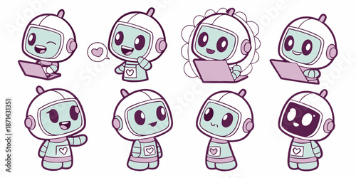 Collection of adorable, cute astronaut robot characters displaying various playful emotions and interactions with technology like small laptops in a sweet cartoon set