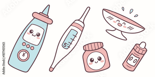 Kawaii collection of adorable cute medical supplies featuring thermometers medicine bottles and a happy baby monitor illustration on white