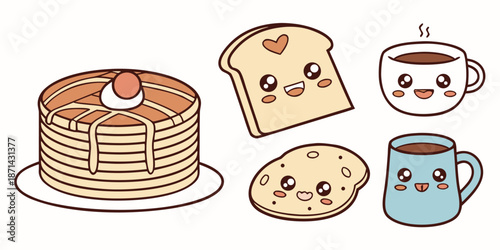 Cute collection of Kawaii style breakfast food items including stacked pancakes toast and cheerful coffee mugs ready for morning enjoyment