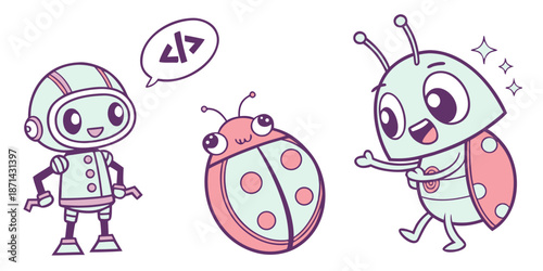 Adorable cartoon debugging mascot characters including a friendly robot and two happy ladybugs symbolizing software development and coding concepts