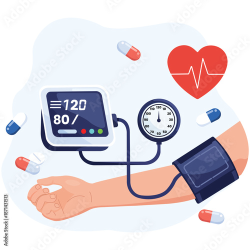 Blood Pressure Monitoring: An illustrative image showcasing a digital blood pressure monitor, connected to an arm, symbolizing health check-ups and medical care.