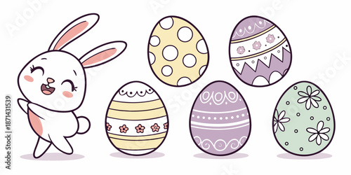 Adorable cartoon white bunny rabbit happily celebrating the spring holiday surrounded by beautifully decorated and colorful patterned Easter eggs ready for egg hunt fun