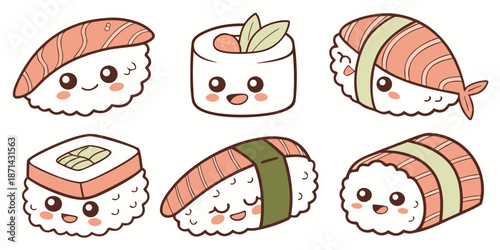 Adorable collection of six cute cartoon sushi illustrations featuring happy salmon nigiri maki and temaki characters with sweet expressions