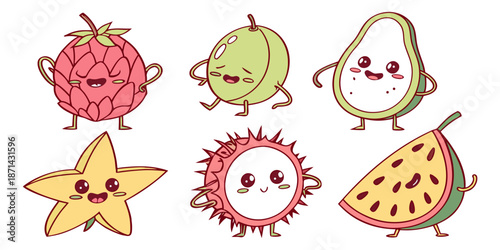 Set of six cute tropical fruit characters including rambutan starfruit avocado lychee passion fruit and watermelon slice with expressive faces