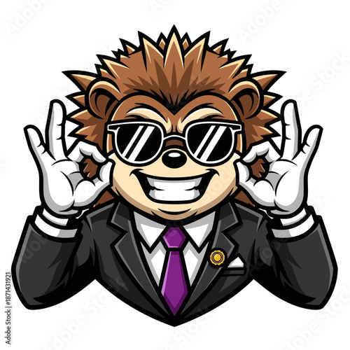 Cartoon hedgehog in sunglasses and suit.