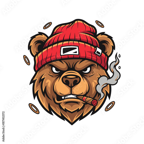 Illustration of a Bear Wearing Beanie and Smoking.