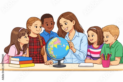 Curious children embarking on a geography discovery by examining the world globe in class.