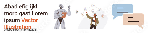 Artificial intelligence, digital communication, robotics, automation, teamwork, futuristic concepts. A robot holding a tablet, a person pointing at floating icons and speech bubbles. Digital