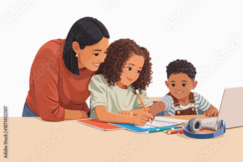 Happy child doing homework with mother in the peaceful corner of the house.