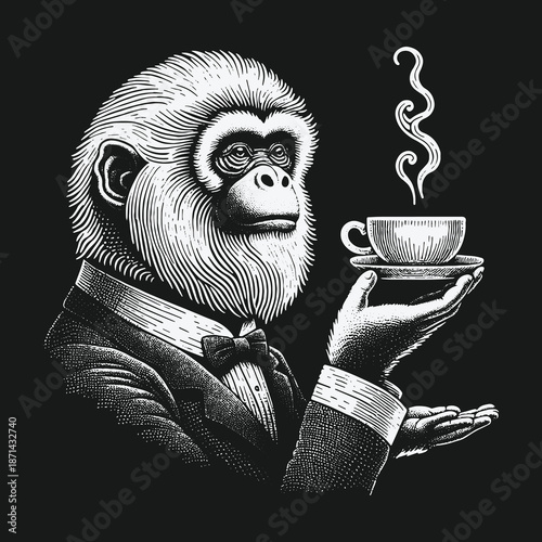 Sophisticated Monkey Butler Serving Coffee with Elegance and Charm.