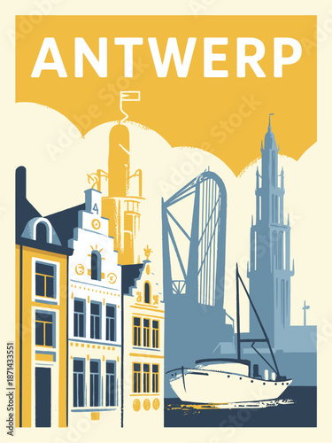 Vintage travel poster of Antwerp Belgium featuring port skyline and historic guild houses in a geometric flat design style.