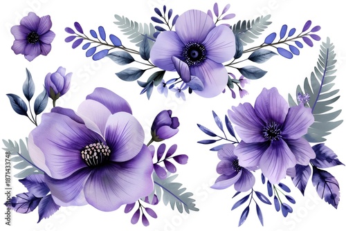 Purple watercolor anemone flowers and botanical leaves composition