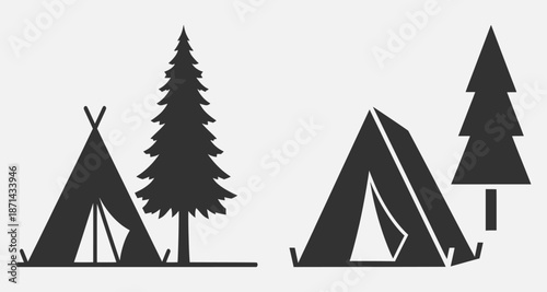Camping Scene with Tents and Trees in a Serene Outdoor Environment from a Front Viewpoint
