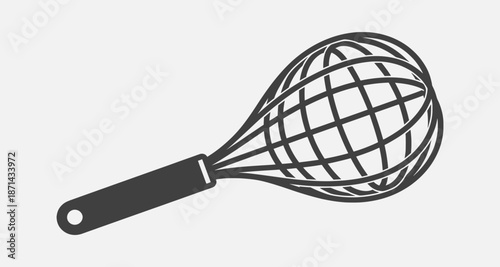 Illustration of a wire whisk with a black handle on a white background