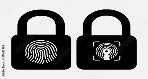 Secure locks with biometric authentication icons on white background