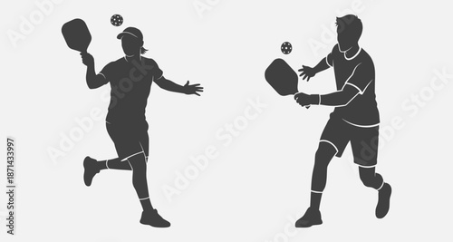 Two men playing pickleball on a court, dynamic movement captured in a simple graphic illustration.