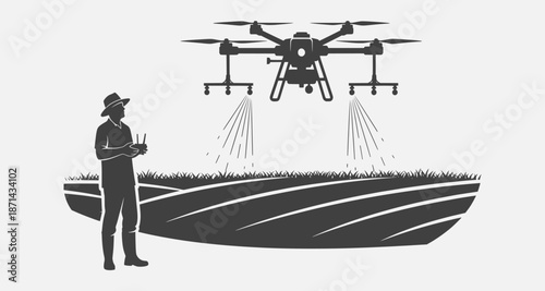 Person operating drone over agricultural field with precision spraying technology