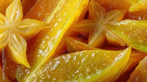 Macro shot of juicy sliced starfruit with vibrant yellow flesh, glossy wet texture, fresh tropical fruit, extreme close-up, sharp detailed surface, natural freshness