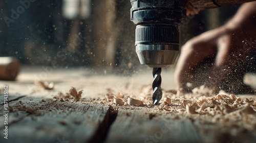 skilled carpenter drilling into wooden flooring with a power tool in a bright workshop, wood shavings flying, dramatic dynamic lighting highlighting textures of wood and tool, shallow depth of field