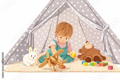 Happy little child building his own imaginary world inside the play tent.