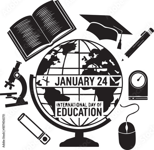 International Day of Education banner with silhouettes of diverse children holding books and globe on white background